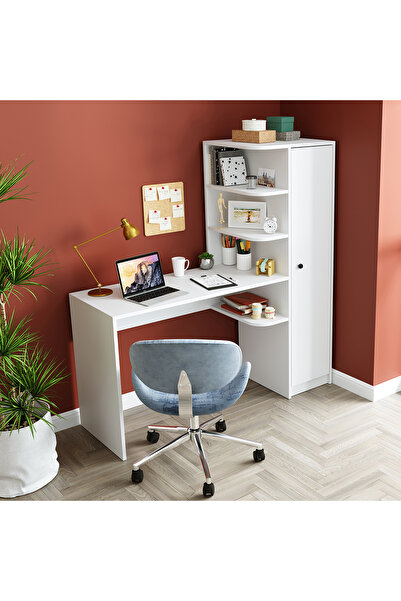 ROOMART ROMA RAFLI ÇALIŞMA MASASI , ÇALIŞMA OFİS MASASI SAĞ DOLAP MAT BEYAZ