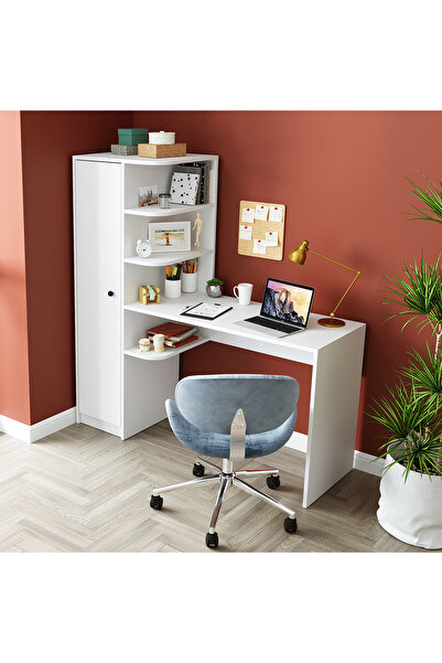 ROOMART ROMA RAFLI ÇALIŞMA MASASI , ÇALIŞMA OFİS MASASI SOL DOLAPLI MAT BEYAZ ROMA MASA SOL