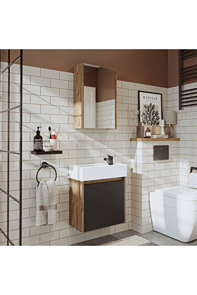 ROOMART Ayaksız Tek Kapaklı Lavabolu 50 Cm Banyo Dolabı+aynalı Üst Dolabı