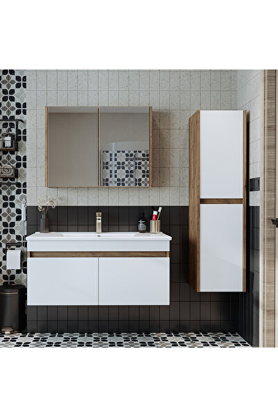 ROOMART '' Lavabolu '' Atlantik-beyaz Mat Mdf 100 Cm Banyo Alt Dolap + Aynalı Üst Dolap + Boy Dolap