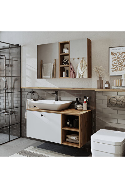 ROOMART Lavabolu Mdf 95 Cm Lotus Çekmeceli Banyo Dolabı + Aynalı Üst Dolabı