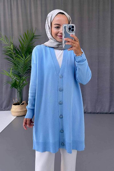 Ka Hijab Baby Blue Button Ribbed Mercerized Hijab Cardigan
