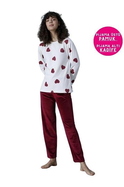 bie's Burgundy Cotton Off-Shoulder Heart Winter Pajamas - Crew Neck, Buttonless Long Sleeve, Velvet Bottom