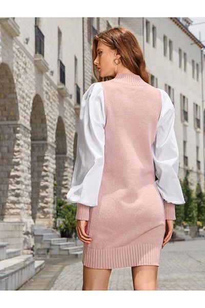 AQE FASHION Πλεκτό φόρεμα σε σκόνη με μοτίβο με λαιμόκοψη - μανίκι πουκάμισου