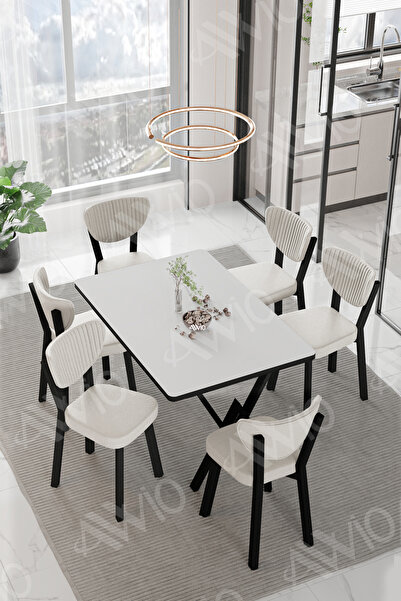 AVVİO DORA  ELMA Sandalye 80x140 Yemek Masası Mutfak Masası 6 Kişilik Masa Sa...