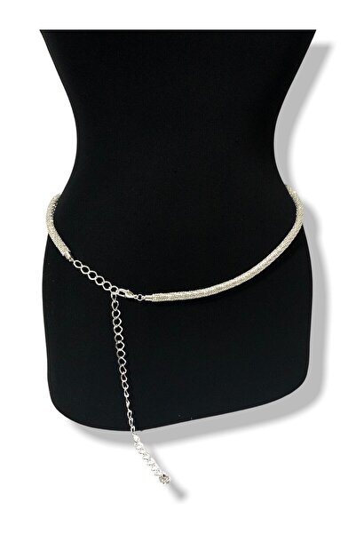 ElizaBell Gümüş Kadın Kemer Boru Zincir Taşlı Abiye Elbise Kemeri 75 Cm Taş K...