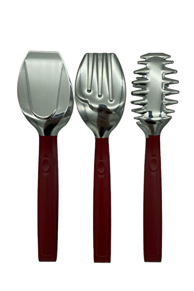 Kitchen Design Lab Lüks 3 Parça Gümüş Kırmızı Paslanmaz Çelik Makarna, Salata...