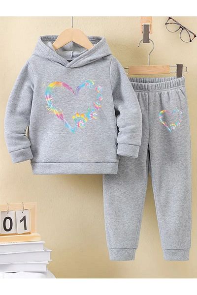 THEKONT Unisex Hooded Cotton Tracksuit Set - Multicolored and Heart Printed