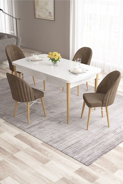 Canisa Ves Serisi 80x132 Mdf Beyaz Doğal Ahşap Ayak Masa 4 Kahverengi Sandalye Mutfak Masası Takımı