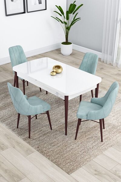 Canisa Kar Serisi 80x132 Açılabilir Mdf Ceviz Ayaklı Beyaz Masa 6 Gri Sandaly...