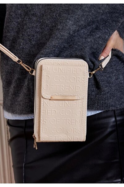 selma demir Açık Bej Telefon Bölmeli Deri Askılı Kadın Cüzdan Çanta