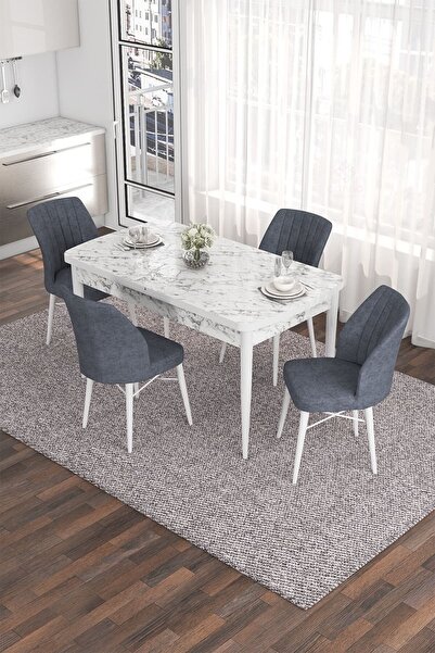 Canisa Eva Serisi 80x132 Açılabilir Mdf Mutfak Masası Takımı Beyaz Mermer Desen Masa 4 Füme Sandalye