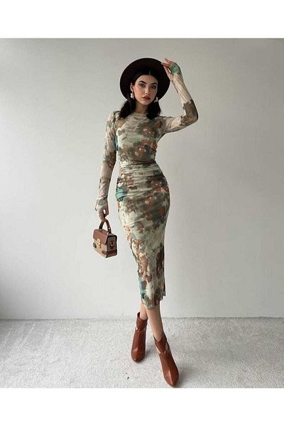 COOLGİRLS Patterned Tulle Dress Green New Season