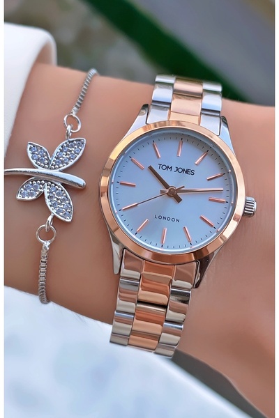 Tom Jones ساعة يد نسائية مقاومة للماء باللون الفضي الوردي - هدية سوار