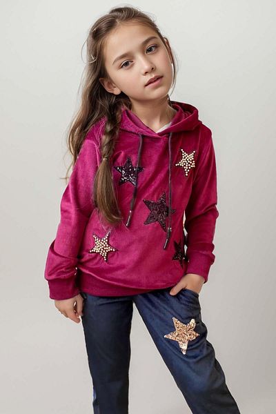 Riccotarz Sequin Star Patterned Velvet Sweatshirt and Burgundy Tracksuit Set for Girls