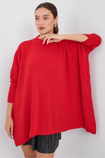 LE CARAMBOLE Red Oversize Slit Women's Poncho Sweater