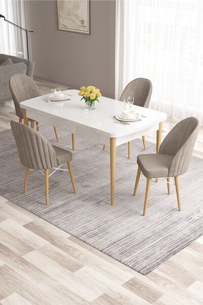 Canisa Ves Serisi 80x132 Mdf Açılabilir Beyaz Masa Doğal Ahşap Ayak 4 Adet Ca...