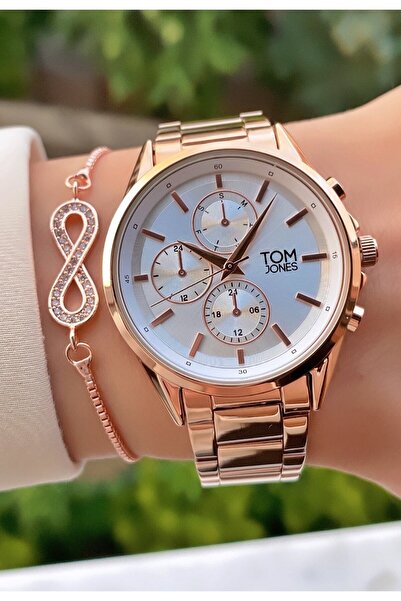 Tom Jones ساعة يد نسائية بلون ذهبي وردي مع سوار
