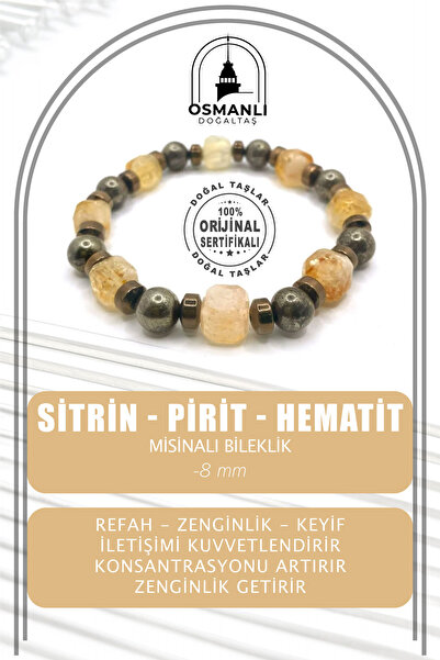 OSMANLI DOĞAL TAŞ سوار أصلي 8 ملم من البيريت - سيترين - حجر الهيماتيت الطبيعي - معتمد