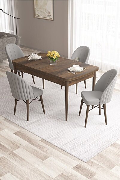 Canisa Ves Serisi 80x132 MDF Açılabilir Barok Ahşap Desen Mutfak Masası 4 Gri...