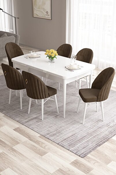 Canisa Roz Serisi,80x132 Mdf Açılabilir Beyaz Mutfak Masası Takımı 6 Kahve Sa...