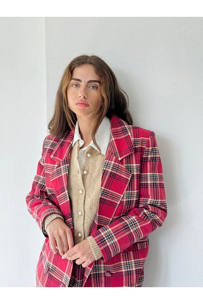 Retrobird Jachetă Blazer în carouri pentru femei, roșu