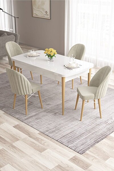 Canisa Ves Serisi 80x132 Mdf Beyaz Doğal Ahşap Masa 4 Krem Sandalye Mutfak Ma...