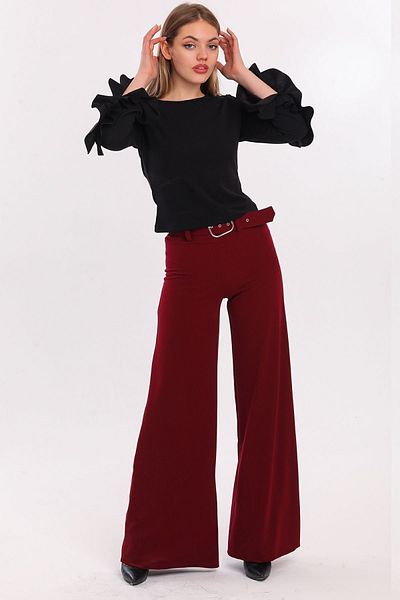 Sense Spanish Leg Scuba Crepe Pants with Fabric Veneer Belt on the Sides| Pnt33393 Burgundy
