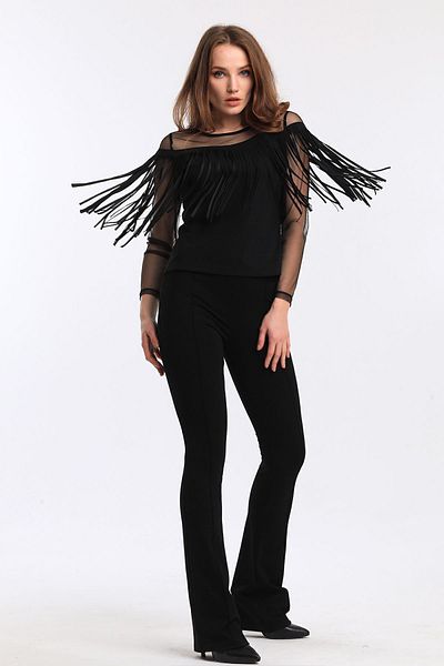 Sense Bluză Neagră Scuba Crepe Tulle - Diver cu ciucuri Model Blz33372