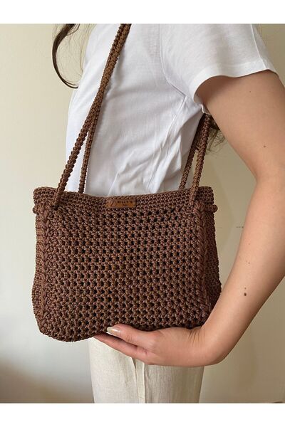 Nillys Kadın Askılı Polyester Makrome Örgü Kahverengi Kol Çantası (EN:31 CM /...