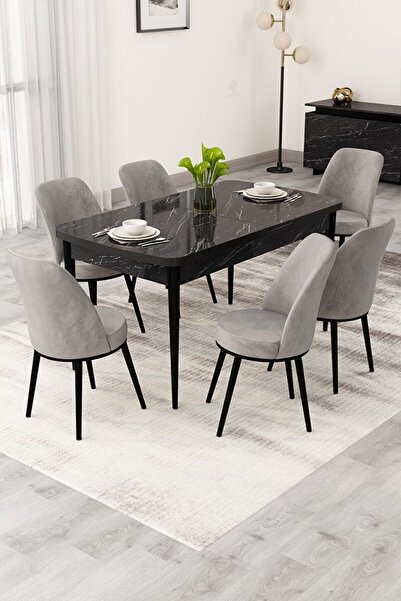 Canisa Rax Serisi Açılabilir 80x132 Siyah Mermer Desen Mutfak Masası Takımı 6...