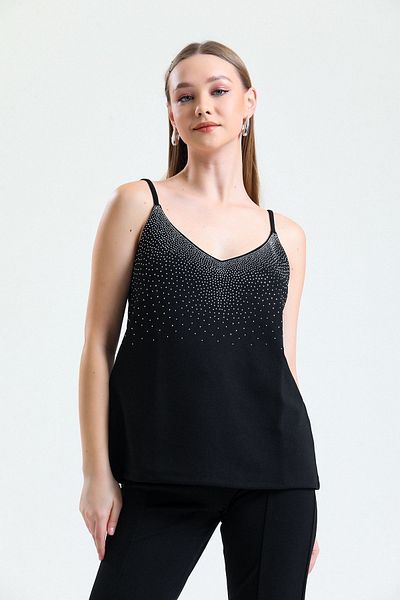 Sense Scuba Crepe Short Blouse with Stones on the Front |   Blz34466 Black