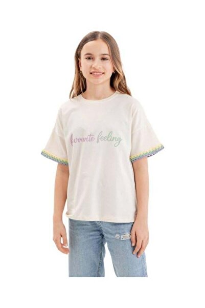 Zekids Βαμβακερό μπλουζάκι για κορίτσια - Πλεκτά μανίκια με λεπτομέρειες