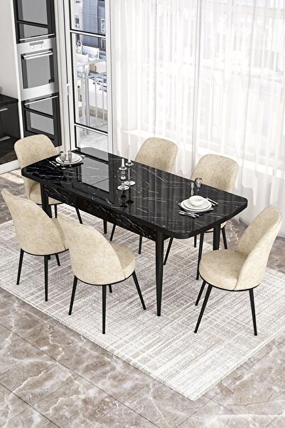 Canisa Concept Via Serisi 80x132 Açılabilir Mutfak Masası Takımı Siyah Mermer...