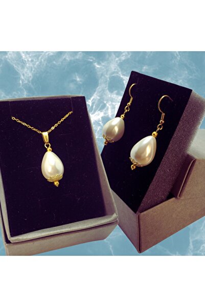 ayrestyle Yellow Gold Color Chain Shiny Large Grain White Drop Majorica (Majorica) Pearl Earring and Necklace Set