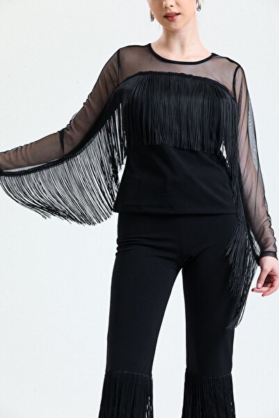 Sense Tasseled Diver Scuba Crepe Tulle Blouse |   Blz33372 Black