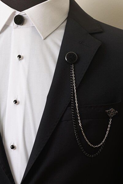 Esgue Siyah Yaprak Desenli Zincirli Ceket Yaka & Gömlek Düğme Broşu