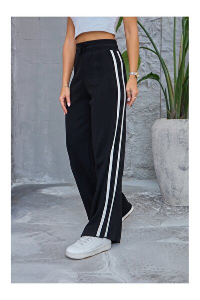 Elif Özbey Butik Siyah Şeritli Palazzo Triko Pantolon