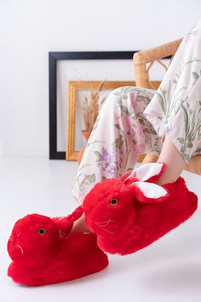 Slipcat Papuci roșii de pluș cu figurină de iepure Pantof de acasă unisex