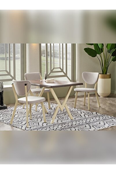 Murat Sandalye İkon Serisi,80x120 Kütük Ceviz Mutfak Masası Takımı Metal Siyak Ayak 4 Krem Sandalye