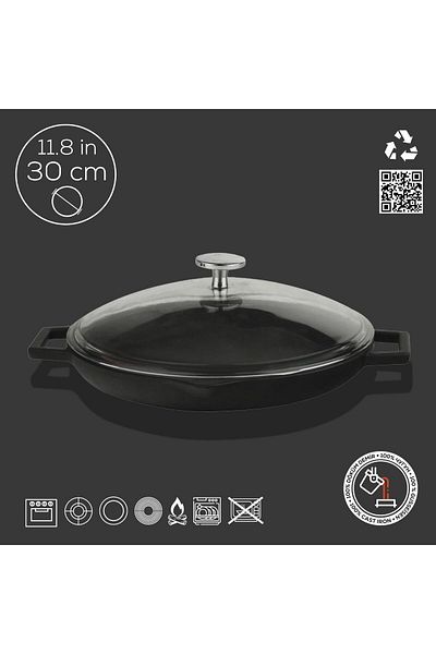 Lava Cast Round Frying Pan with Glass Lid Cast Iron Solid Double Handle Diameter(Ø)30cm