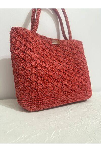 MERUT STYLE HAYATINI RENKLENDİR El örgüsü kağıt ip kırmızı astarlı çıtçıtlı günlük ve plaj kadın omuz çantası