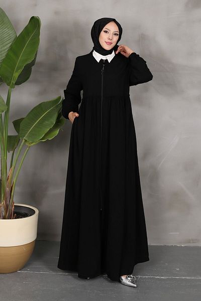 PİNK FLY Black Gathered Ferace - Rabia Crepe Fabric, Ρούχα Hijab σε μεγάλο μέγεθος