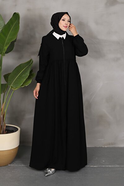 PİNK FLY Black Gathered Ferace - Rabia Crepe Fabric, Plus Size Hijab Clothing