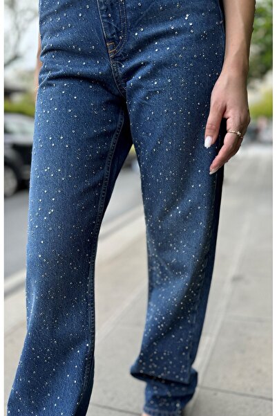 Estyle Fashion Blugi drepti albaștri cu detaliu în piatră