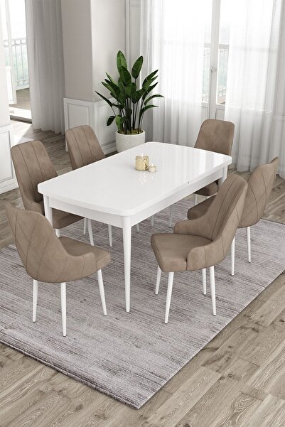 Canisa Concept Ram Serisi 80x132 Açılabilir Mutfak Masası Takımı Beyaz Masa 6...
