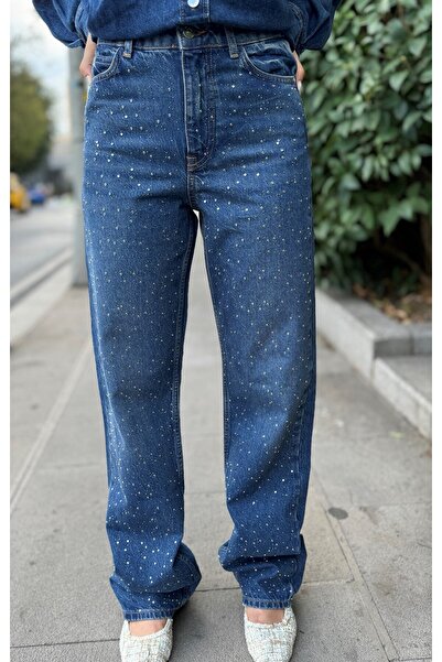 Estyle Fashion Blugi drepti albaștri cu detaliu în piatră
