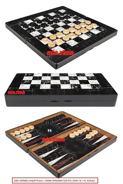 Miajima Large Size Marble Patterned Backgammon Set - Wooden Sequin and Checkers-Polished Luxury