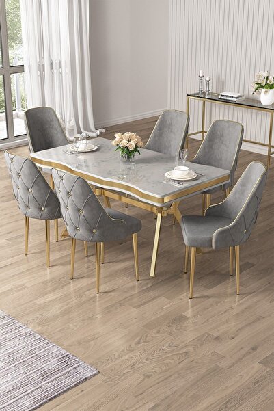 Canisa Vae Serisi 90x160 Lak Panel Beyaz Mermer Desen Gold Ayak Masa Takımı 6...