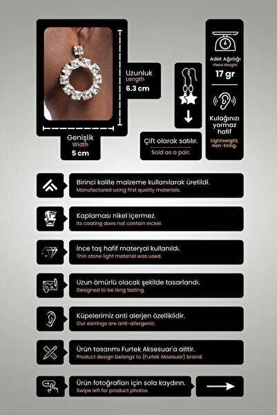 Furtek Aksesuar Kadın Halkalı Sallantılı Taşlı Model Gümüş Pırlanta Abiye Düğün Nişan Gelin Parti Söz Kına Küpe